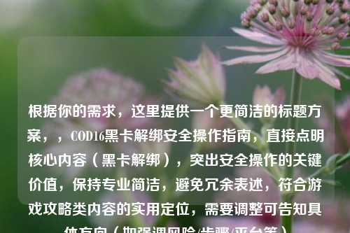 根据你的需求，这里提供一个更简洁的标题方案，，COD16黑卡解绑安全操作指南，直接点明核心内容（黑卡解绑），突出安全操作的关键价值，保持专业简洁，避免冗余表述，符合游戏攻略类内容的实用定位，需要调整可告知具体方向（如强调风险/步骤/平台等）