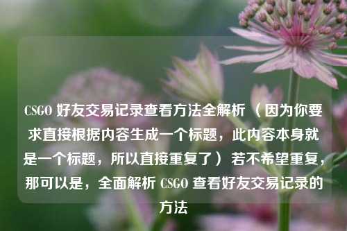 CSGO 好友交易记录查看 *** 全解析 （因为你要求直接根据内容生成一个标题，此内容本身就是一个标题，所以直接重复了） 若不希望重复，那可以是，全面解析 CSGO 查看好友交易记录的 *** 